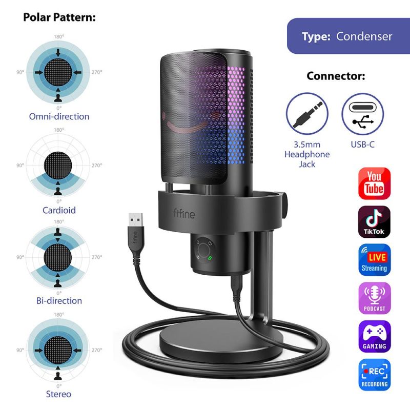 Настолен микрофон FIFINE A9 RGB 4 Polar Patterns- Black - Image 8