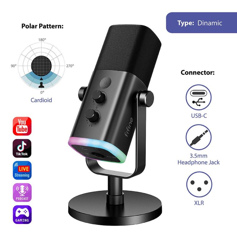 Настолен микрофон FIFINE AM8 Dynamic RGB XLR/USB- Black - Image 2