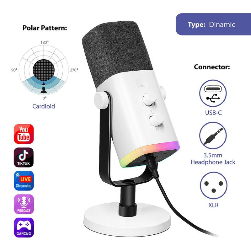 Настолен микрофон FIFINE AM8 Dynamic RGB XLR/USB - White - Image 4