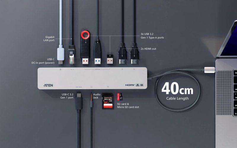 ATEN Докинг 11-in-1 USB-C Multiport Dock + Power Pass-Through, 2 x HDMI, LAN,3.5mm, USB-C, SD Card , microSD, 3 x USB 3.2 - Image 8