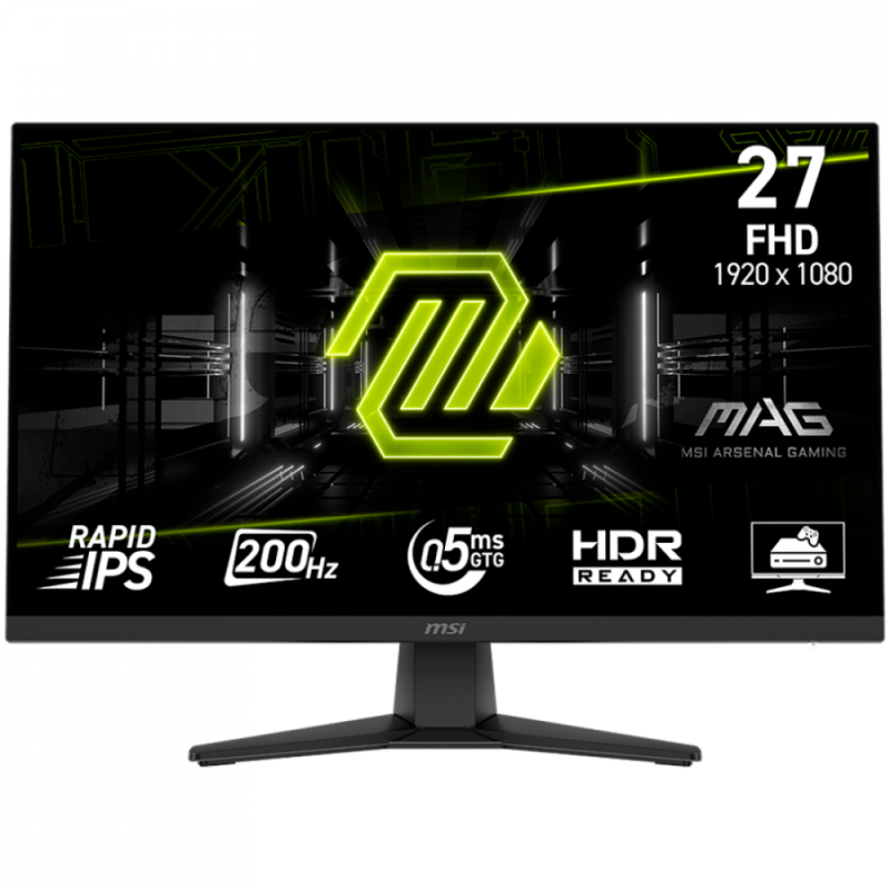 MSI MAG 272F Gaming Monitor, 27" 200Hz, FHD (1920x1080) 16:9, Rapid IPS, 0.5ms, 300nits, 1000:1, 178/178, AMD FreeSync Premium, Tilt, 1x DP, 2x HDMI, 1x Headphone-ou, 3Y Warranty