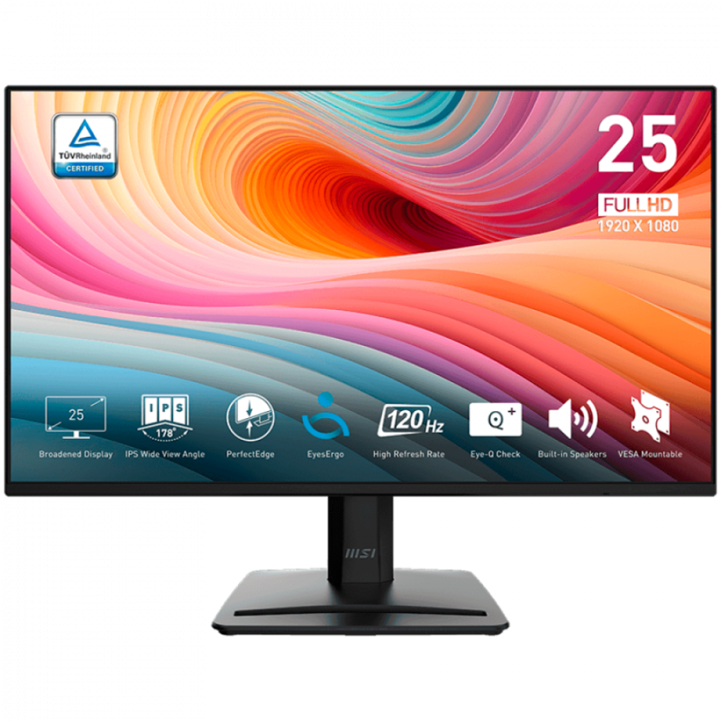 MSI PRO MP252 E2 Professional Business Monitor, 24.5" 120Hz, FHD (1920x1080) 16:9, IPS Anti-glare, 1ms/4ms, 300nits, 1500:1, 178/178, Adaptive-Sync, Tilt, Speakers, 1x HDMI, 1x DP, 1x Headphone-out, 3Y Warranty