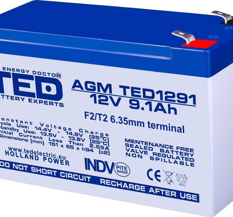 Оловна батерия TED ELECTRIC, AGM, 12V, 9Ah , 151/ 65/ 94 mm, Терминал2