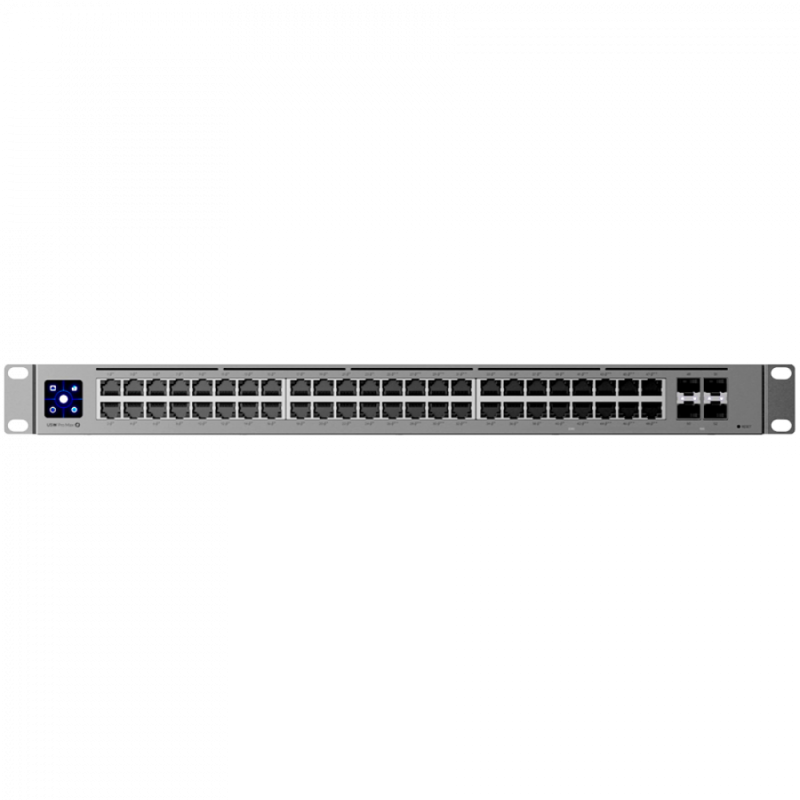 Ubiquiti 48-port, Layer 3 switch 2.5 GbE and PoE++ output, 16x 2.5 GbE ports including (8) PoE+ and (8) PoE++, 32x GbE ports including (24) PoE+ and (8) PoE++, 4x 10G SFP+ ports. Can power devices with up to 720W, it has power consumption of 100W (Excluding PoE output)