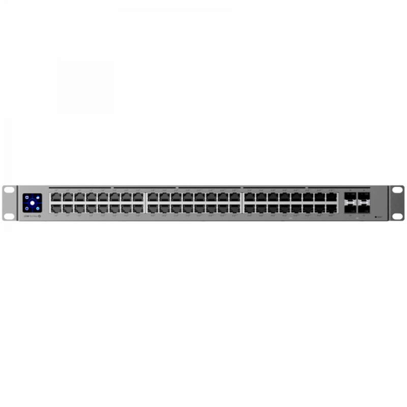 Ubiquiti 48-port, Layer 3 switch 2.5 GbE and PoE++ output, 16x 2.5 GbE ports including (8) PoE+ and (8) PoE++, 32x GbE ports including (24) PoE+ and (8) PoE++, 4x 10G SFP+ ports. Can power devices with up to 720W, it has power consumption of 100W (Excluding PoE output)