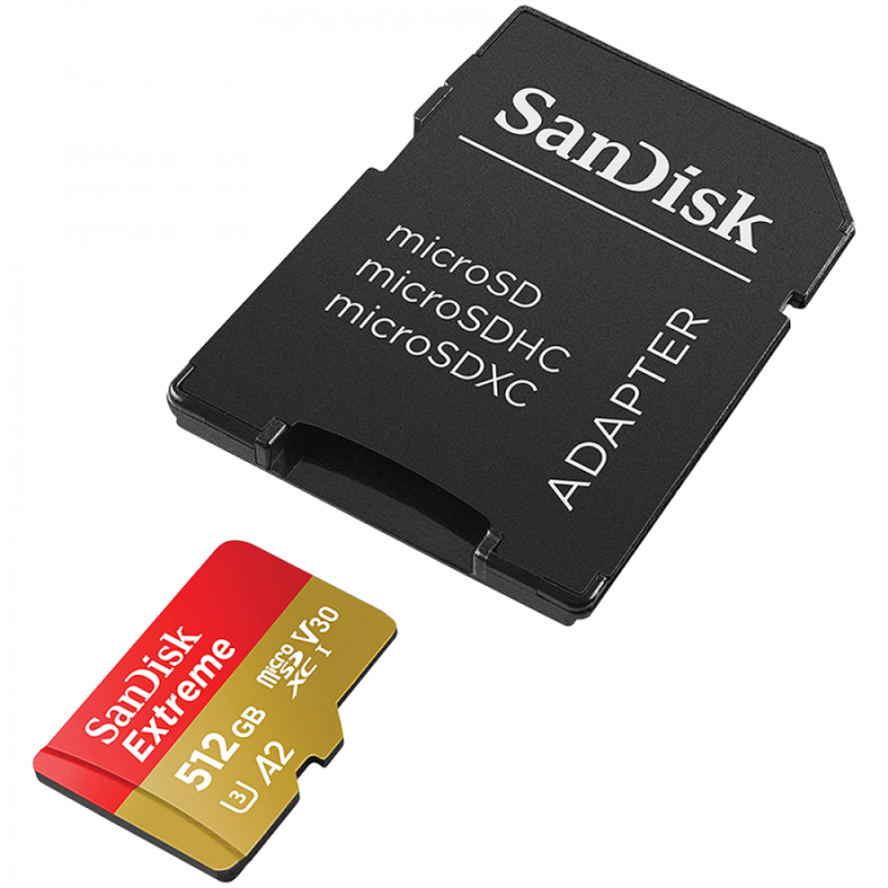 SANDISK Extreme microSDXC 512GB + SD Adapter + 1 year RescuePRO Deluxe up to 190MB/s & 130MB/s Read/Write speeds A2 C10 V30 UHS-I U3
