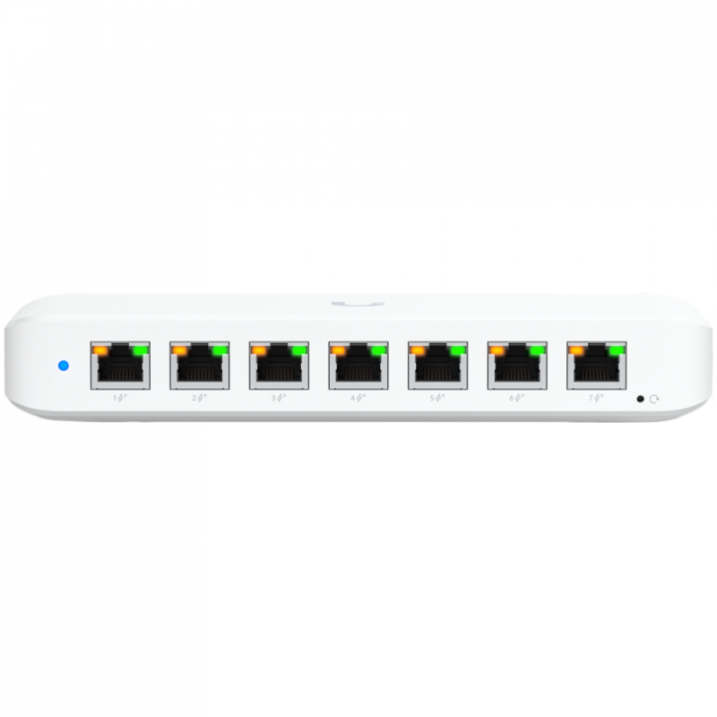 Ubiquiti USW-Ultra-210W-EU compact, Layer 2, 8-port GbE PoE switch with versatile mounting options, 7x GbE PoE+ output ports, GbE port with optional PoE++ input, 202W PoE availability with the included AC power adapter