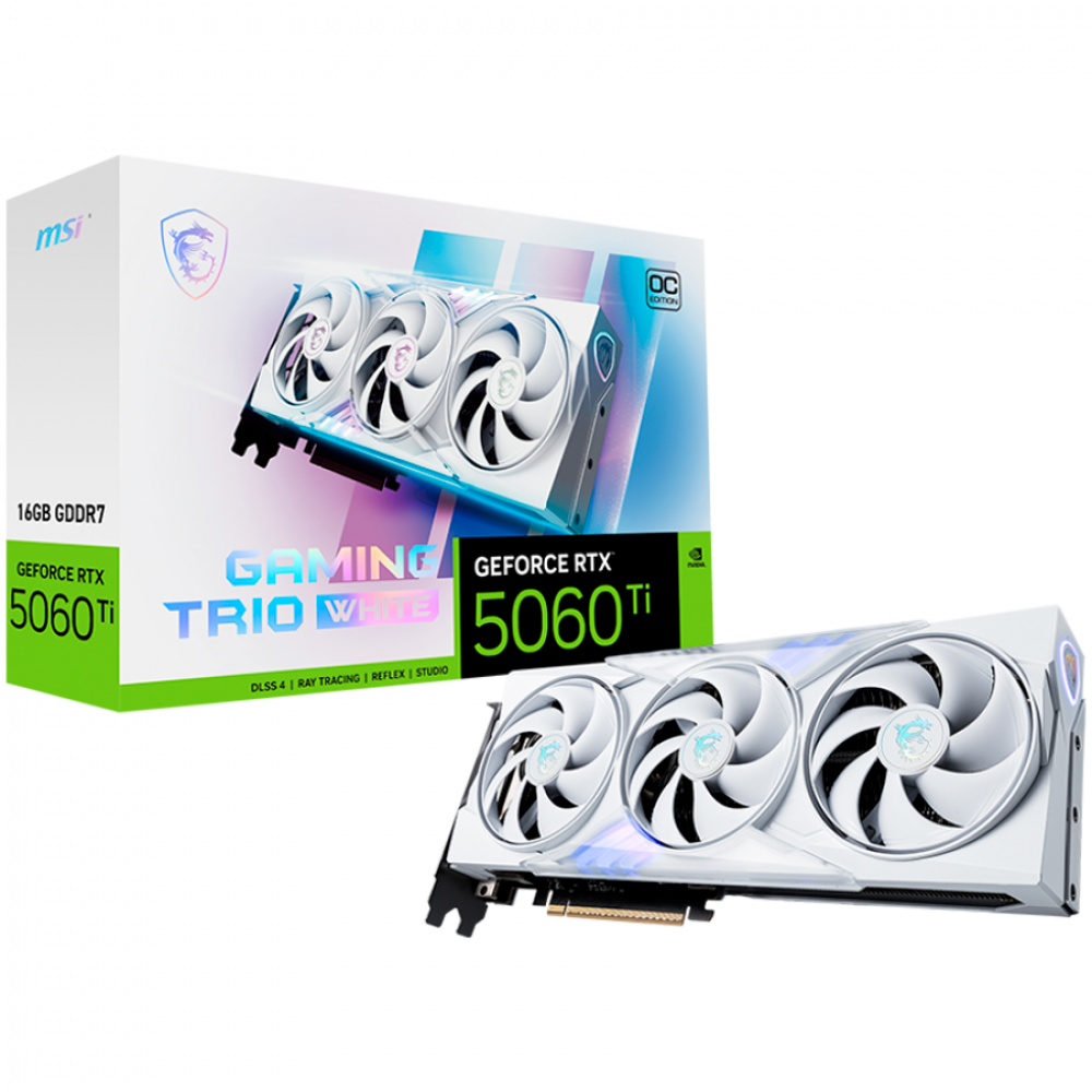 MSI Video Card NVIDIA GeForce RTX 5060 Ti 16G GAMING TRIO OC WHITE, 16GB GDDR7, 128-bit, 2662 MHz Boost, 4608 CUDA Cores, PCIe 5.0 (x8), 3x DP 2.1b, HDMI 2.1b, RAY TRACING, Triple Fan, 180W TDP, 16-pin PCIe 5.0 (12V-2x6), G-SYNC, 2.25-Slot, 3Y