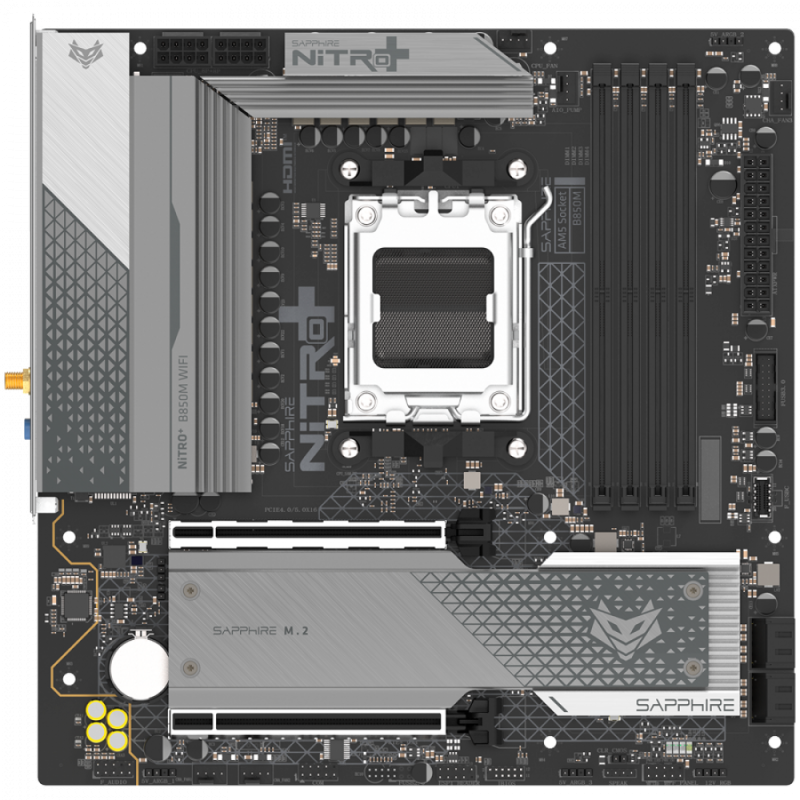 SAPPHIRE AMD B850M AM5 NITRO+ Ryzen R9/R7/R5, 4x DDR5 8000MHz, PCIE 5.0 x 16, 1x M.2 Gen5, 1x M.2 Gen4, LAN 2.5 Gbps, WIFI6, USB, Micro-ATX