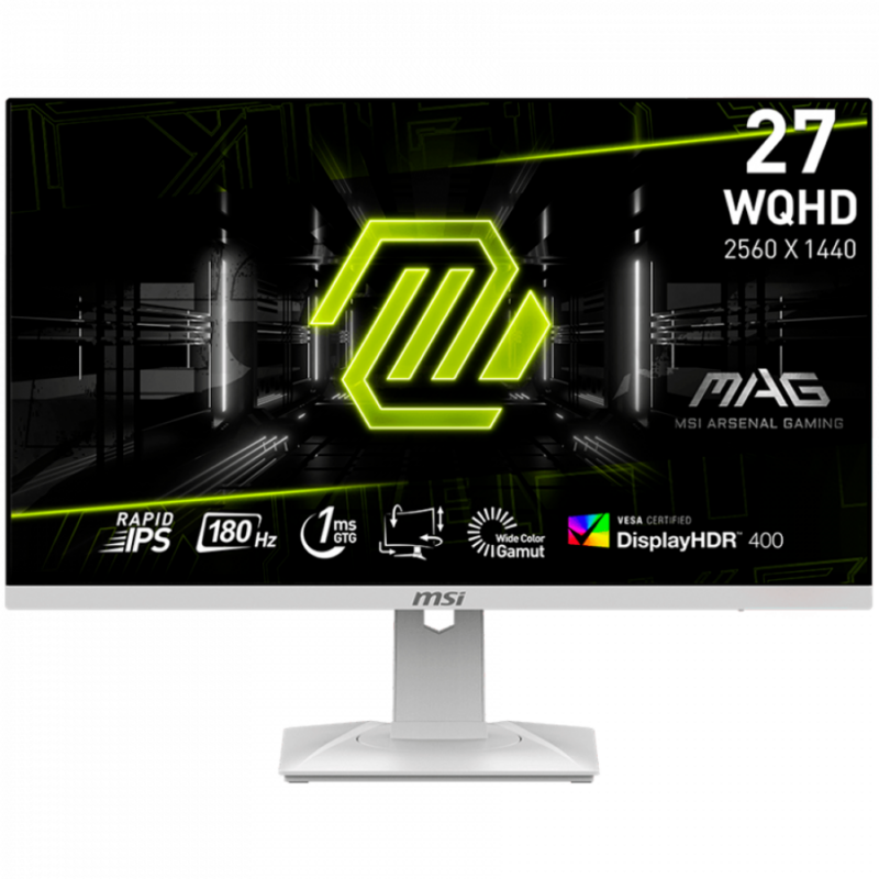 MSI MAG 274QRFW Gaming Monitor, 27" 180Hz, WQHD (2560x1440) 16:9, Rapid IPS Anti-glare, 1ms, 400nits, 1000:1, 178/178, AMD FreeSync, DisplayHDR 400, Adjustable Stand, 1x DP, 2x HDMI, 1x Headphone out, White, 3Y Warranty