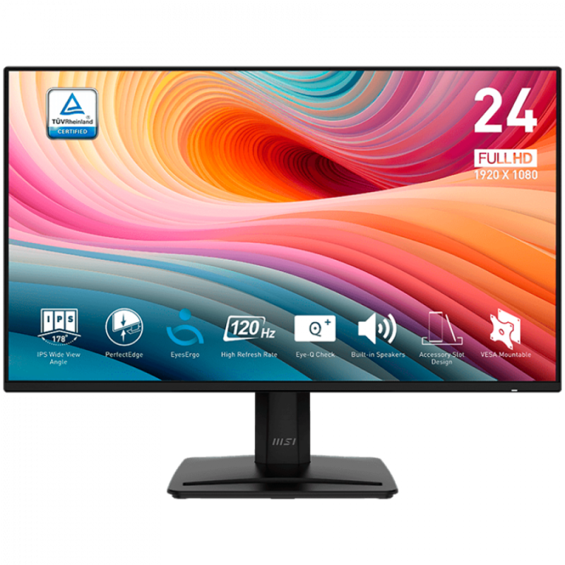 MSI PRO MP242A E2 Professional Business Monitor, 23.8" 120Hz, FHD (1920x1080) 16:9, IPS Anti-glare, 1ms/4ms, 300nits, 1500:1, 178/178, Adaptive-Sync, Tilt, Speakers, 1x D-Sub(VGA), 1x HDMI, 1x DP, 1x Headphone-out, 3Y Warranty