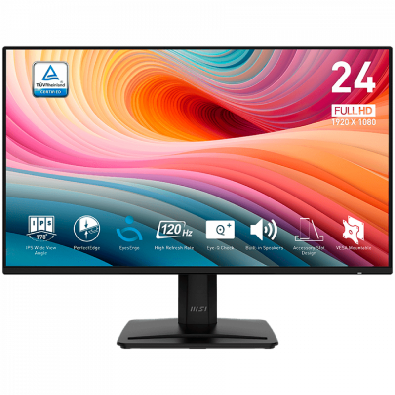 MSI PRO MP242A E2 Professional Business Monitor, 23.8" 120Hz, FHD (1920x1080) 16:9, IPS Anti-glare, 1ms/4ms, 300nits, 1500:1, 178/178, Adaptive-Sync, Tilt, Speakers, 1x D-Sub(VGA), 1x HDMI, 1x DP, 1x Headphone-out, 3Y Warranty