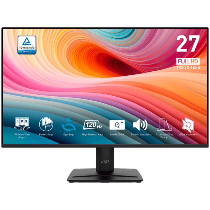 MSI PRO MP275 E2 Professional Business Monitor, 27" 120Hz, FHD (1920x1080) 16:9, IPS Anti-glare, 1ms/4ms, 300nits, 1500:1, 178/178, Adaptive-Sync, HDR Ready, Tilt, Speakers, 1x DP, 1x HDMI, 1x D-Sub, 3Y Warranty