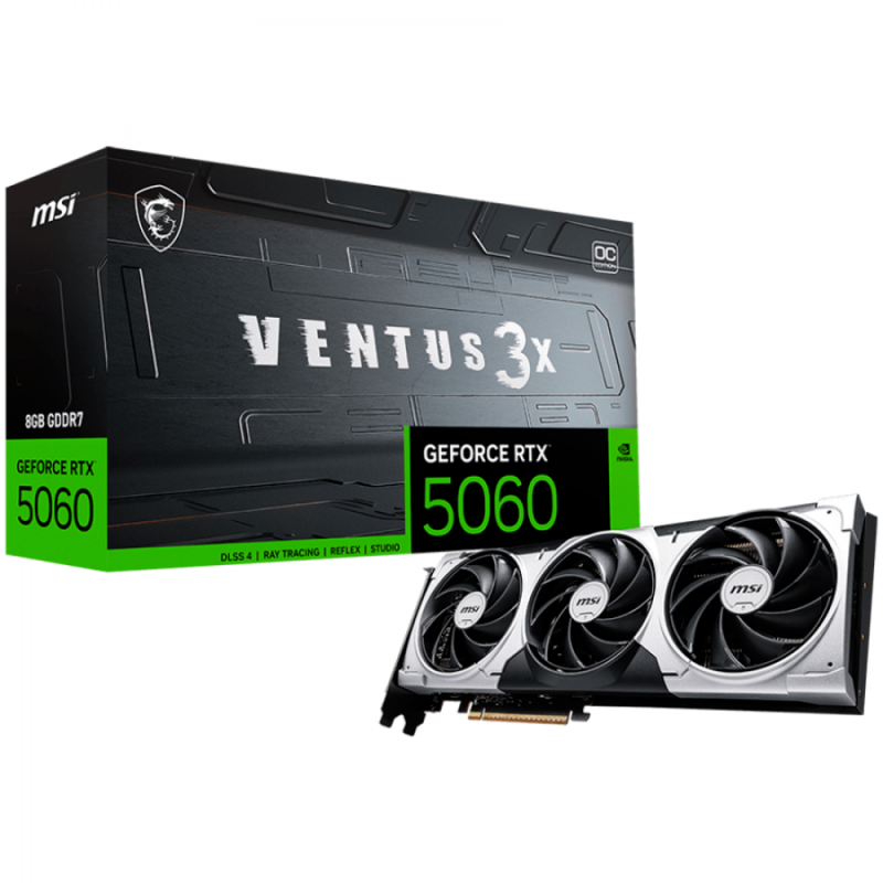 MSI Video Card NVIDIA GeForce RTX 5060 8G VENTUS 3X OC, 8GB GDDR7, 128-bit, 2550 MHz Boost, 3840 CUDA Cores, PCIe 5.0 (x8), 3x DP 2.1b, HDMI 2.1b, RAY TRACING, Triple Fan, 155W TDP, 8-pin PCIe Power, G-SYNC, 3Y