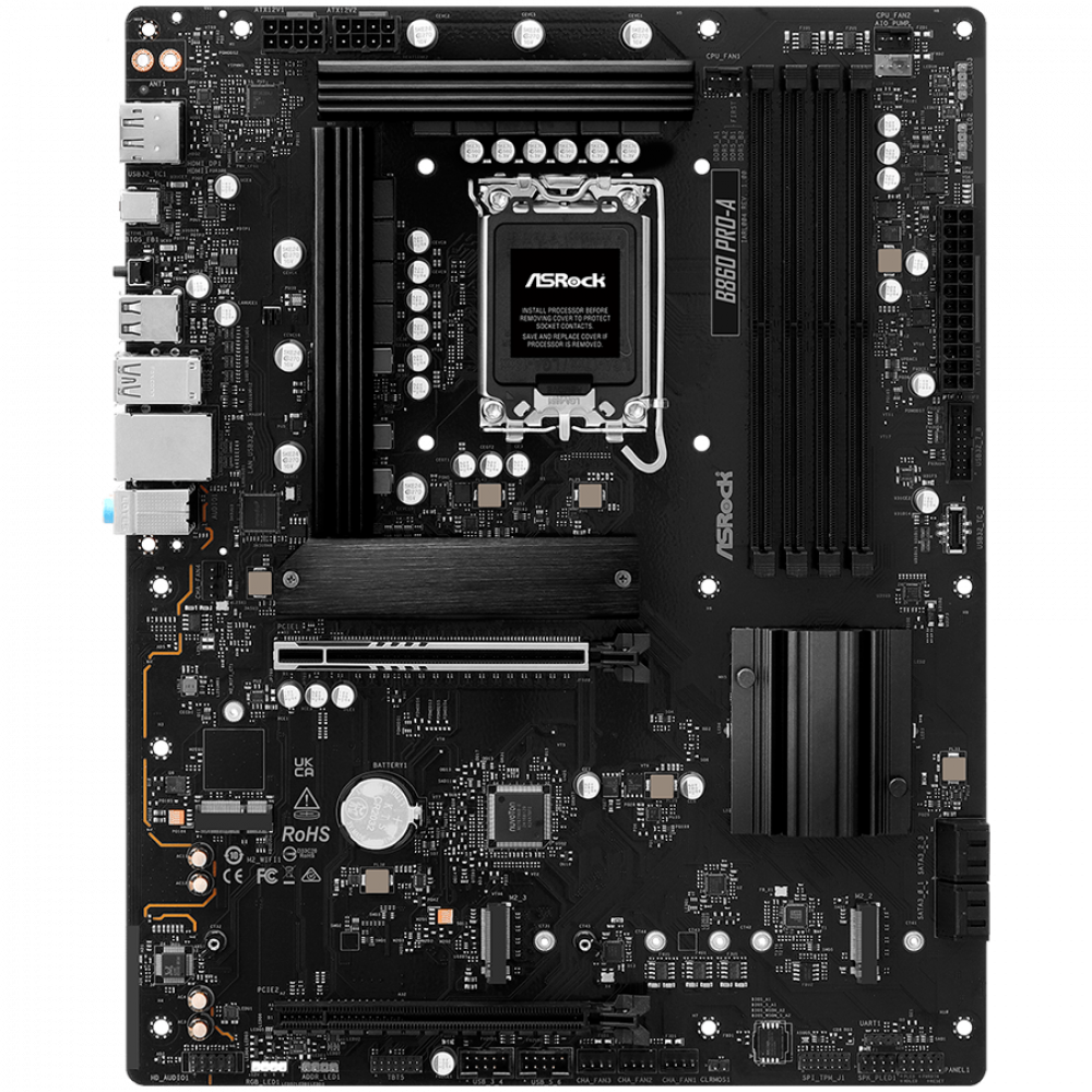 ASROCK MB Desktop B860 PRO-A, S.1851, 4x DDR5, 1x PCIe 5.0 x16, 1x PCIe 4.0 x4, 1x Blazing M.2, 2x Hyper M.2, 4x SATA3, 2x USB-C, 8x USB 3.2, 6x USB 2.0, 1x HDMI, 1x DP, 1x RJ-45 2.5 GB Lan, ATX, 90-MXBRN0-A0UAYZ