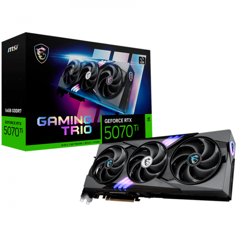 MSI Video Card Nvidia GeForce RTX 5070 TI 16G GAMING TRIO, 16GB GDDR7, 256bit, Effective Memory Clock: 28000MHz, Boost: 2452 MHz, 8960 CUDA Cores, PCIe 5.0, 3x DP 2.1b, HDMI 2.1b, Triple Fan, 1x16pin, 750W Recommended PSU, 3Y