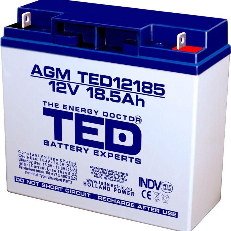 Оловна батерия TED ELECTRIC, 12V, 18.5Ah, 181/ 76/ 167 mm, AGM