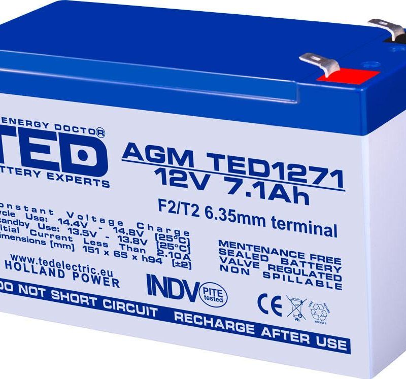 Оловна батерия TED ELECTRIC, AGM, 12V, 7Ah, 151/ 65/ 94 mm, Терминал2
