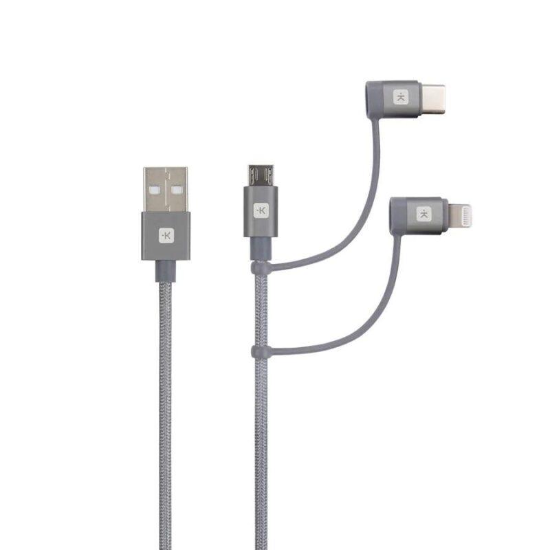 Кабел Skross 3 в 1, USB-A - USB-C/ Lightning/ Micro USB , Метална оплетка, 1.2 м