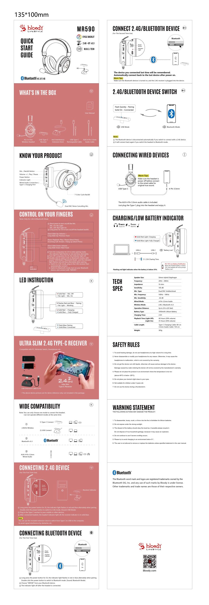 A4tech Bloody МR-590 Геймърски безжични слушалки с микрофон,Bluetooth 3.5мм жак, червен - Image 2