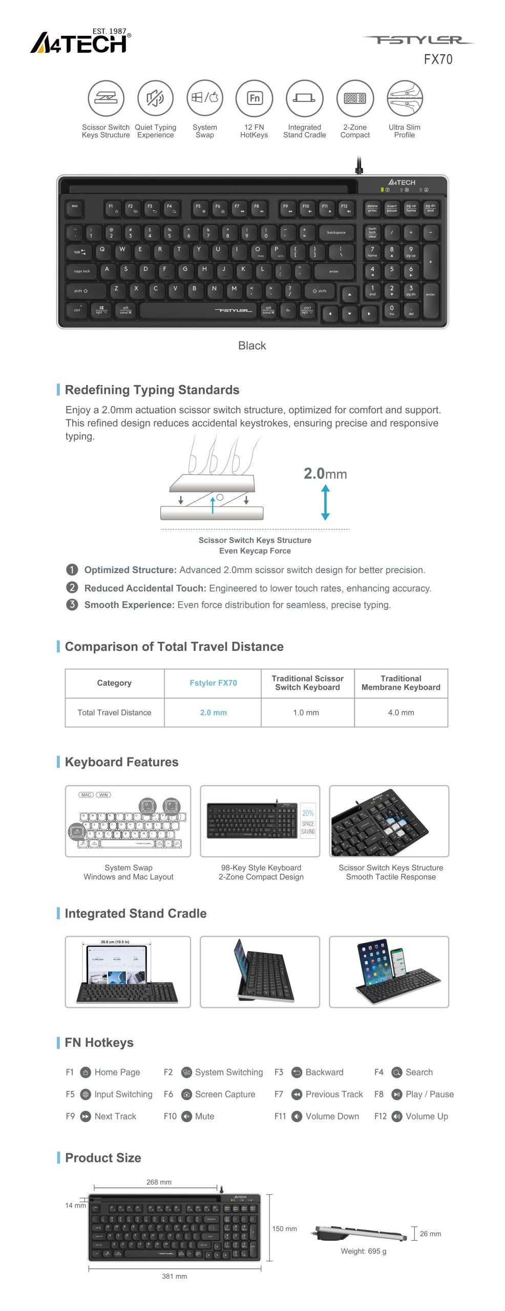 A4tech Fstyler FX70 Жична клавиатура, ниско профилна, ножична технология, кирилизирана, черна - Image 4