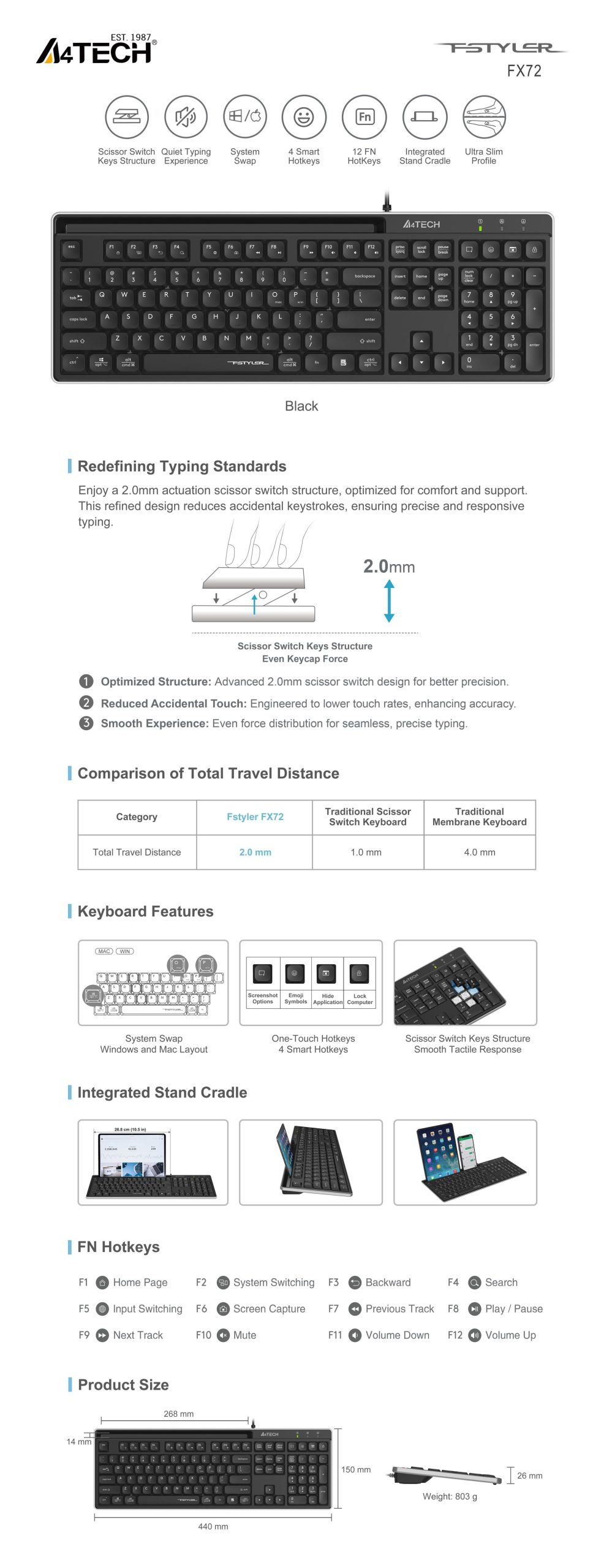 A4tech Fstyler FX72 Жична клавиатура, ниско профилна, ножична технология, кирилизирана, черна - Image 3
