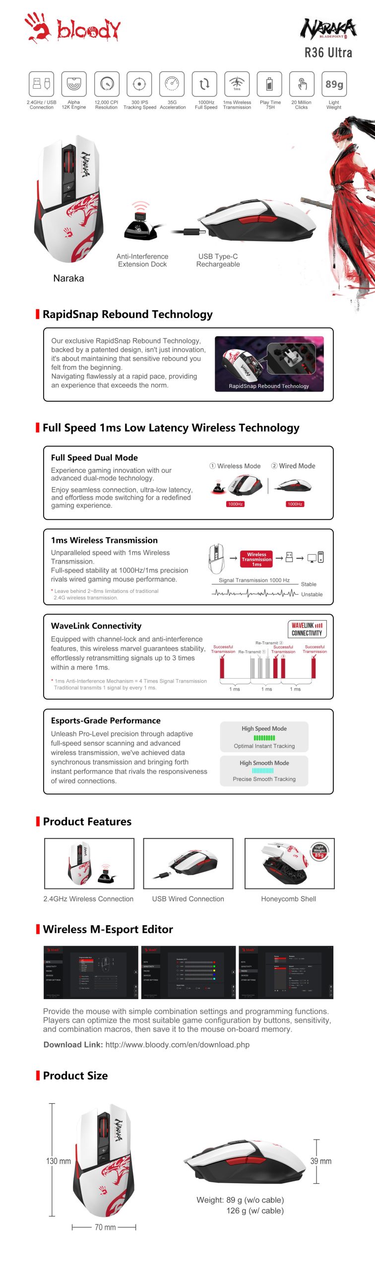 A4tech Bloody R36 Ultra Naraka Геймърска безжична оптична мишка - Image 4