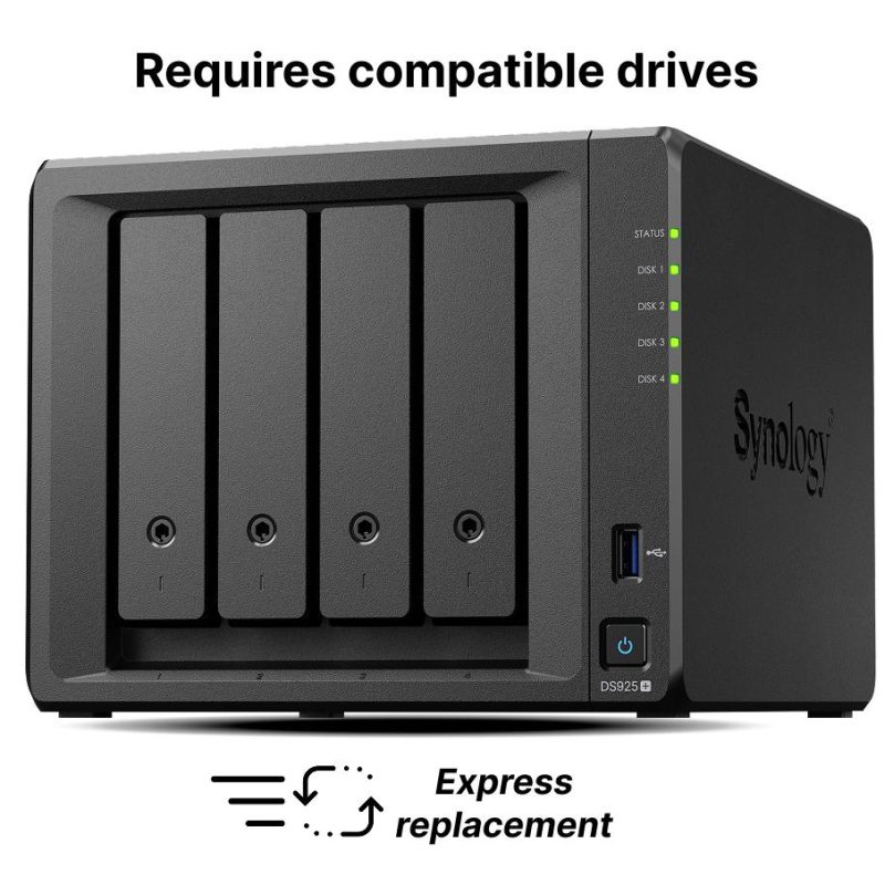 Мрежов сторидж Synology NAS DS925+, за 4 диска, AMD Ryzen V1500B, 4GB DDR4 SODIMM