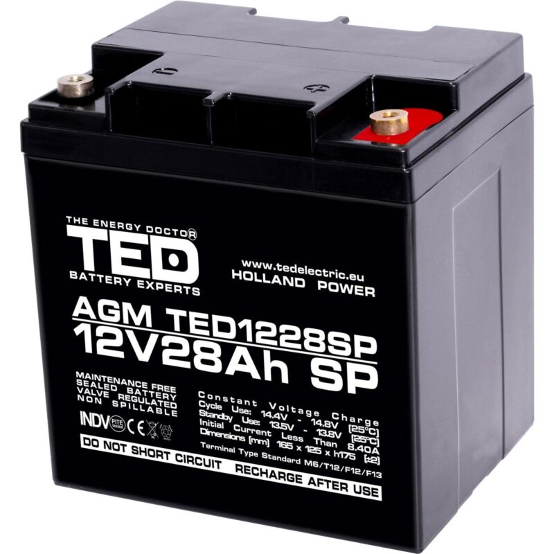 Оловна батерия AGM 12V / 26 Ah/28,5Ah - 166 / 176 / 125mm терминал F13(M5) TED ELECTRIC