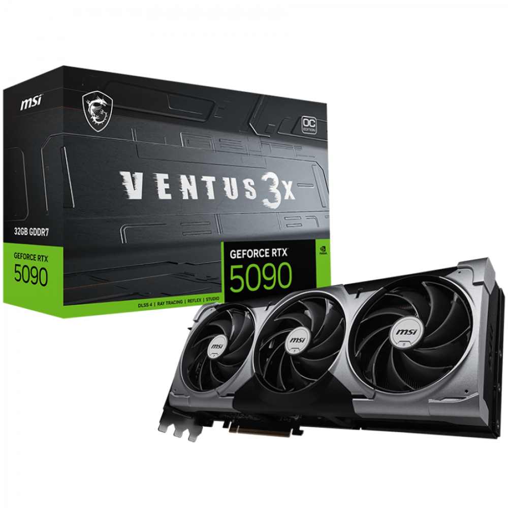 MSI Video Card Nvidia GeForce RTX 5090 32G VENTUS 3X OC, 32GB GDDR7, 512bit, Effective Memory Clock: 28000MHz, Boost: 2437 MHz, 21760 CUDA Cores, PCIe 5.0, 3x DP 2.1b, HDMI 2.1b, RAY TRACING, Triple Fan, 1x16pin, 1000W Recommended PSU, 3Y