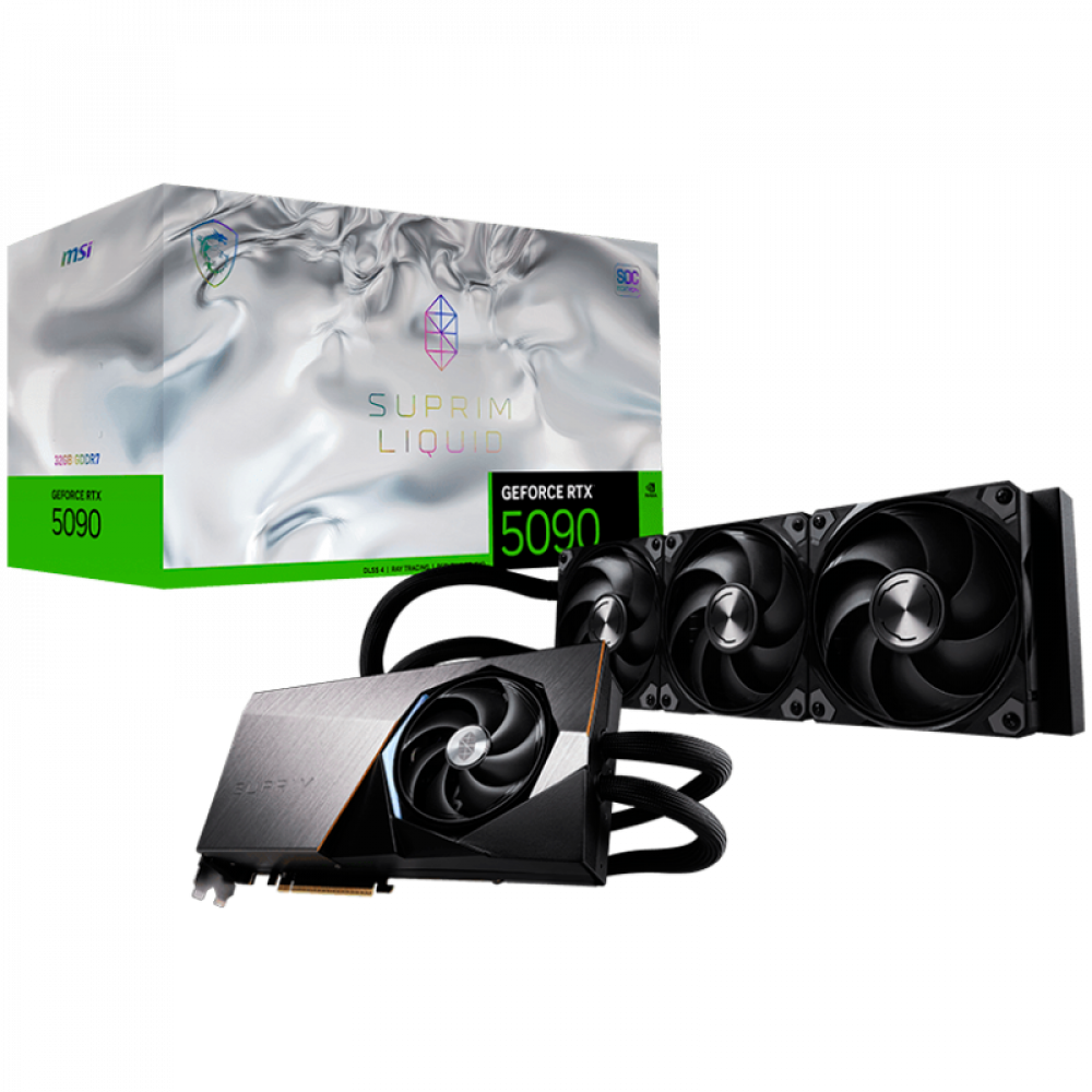MSI Video Card NVIDIA GeForce RTX 5090 32G SUPRIM LIQUID SOC, 32GB GDDR7, 512-bit, 2580 MHz Boost (Gaming Mode), 21760 CUDA Cores, PCIe 5.0 x16, 3x DP 2.1b, HDMI 2.1b, RAY TRACING, Hybrid Liquid Cooling, 600W TDP, 16-pin PCIe Power, G-SYNC, 3Y