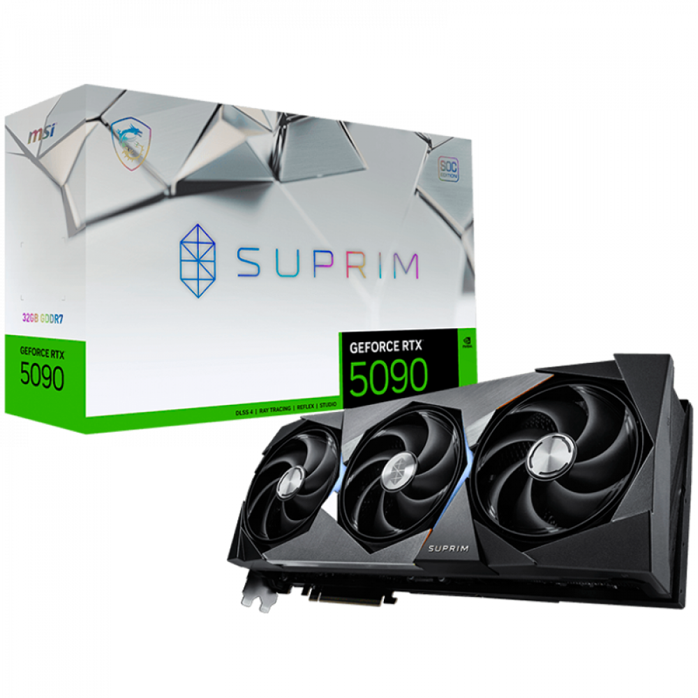 MSI Video Card Nvidia GeForce RTX 5090 32G SUPRIM SOC (32GB GDDR7/512bit, PCI-E Gen 5 x16, 3xDP, 1xHDMI, Recommended PSU 1000W, 3 fans)