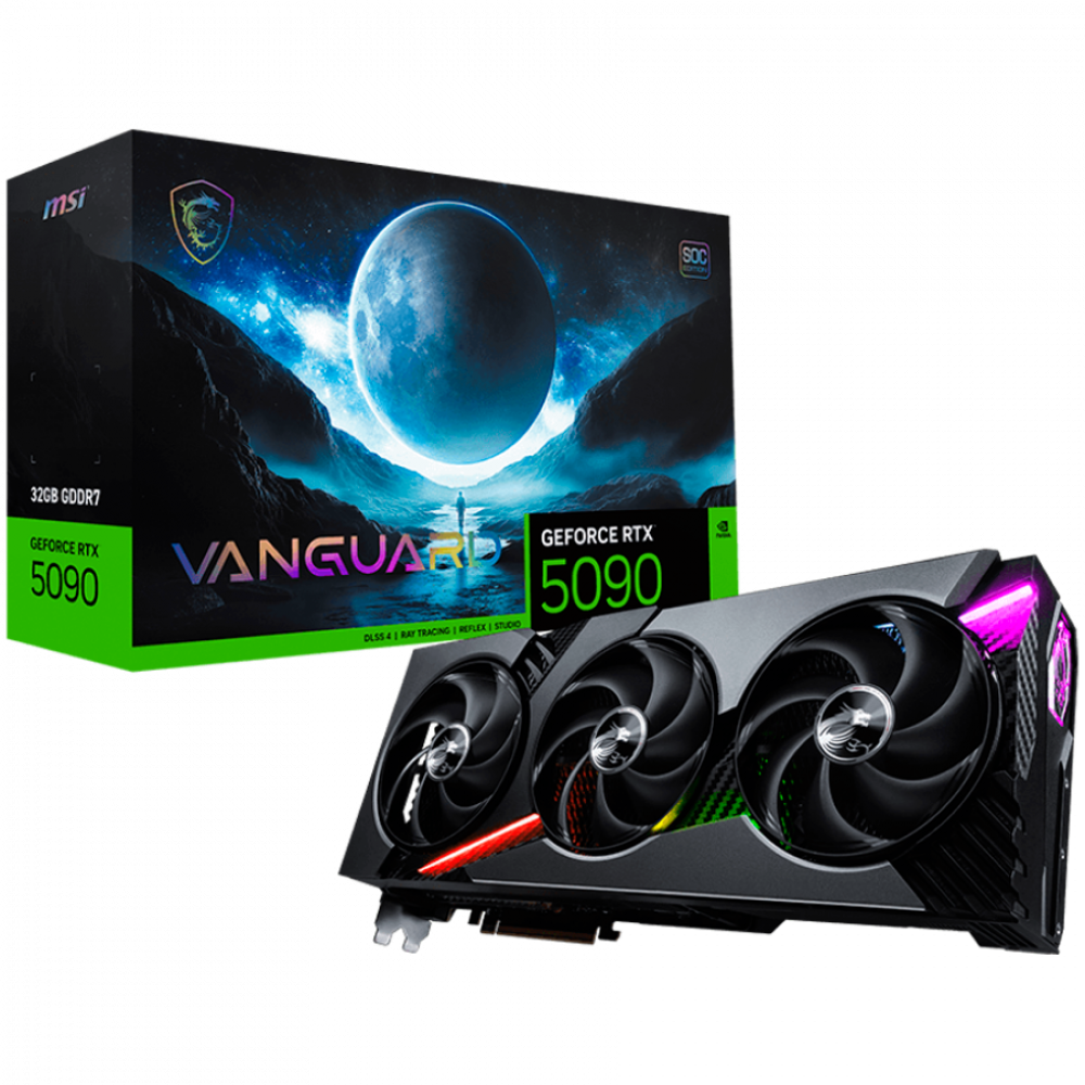 MSI Video Card Nvidia GeForce RTX 5090 32G VANGUARD SOC, 32GB GDDR7, 512bit, Effective Memory Clock: 28000MHz, Boost: 2512 MHz, 21760 CUDA Cores, PCIe 5.0, 3x DP 2.1b, HDMI 2.1b, RAY TRACING, Triple Fan, 1x16pin, 1000W Recommended PSU, 3Y