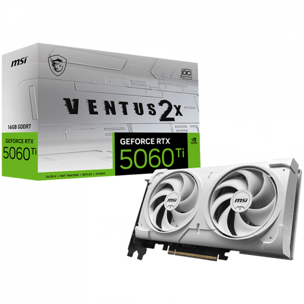 MSI Video Card NVIDIA GeForce RTX 5060 Ti 16G VENTUS 2X OC WHITE PLUS, 16GB GDDR7, 128-bit, 2602 MHz Boost, 4608 CUDA Cores, PCIe 5.0 (x8), 3x DP 2.1b, HDMI 2.1b, RAY TRACING, Dual Fan, 180W TDP, 8-pin PCIe Power, G-SYNC, 2-Slot, 3Y