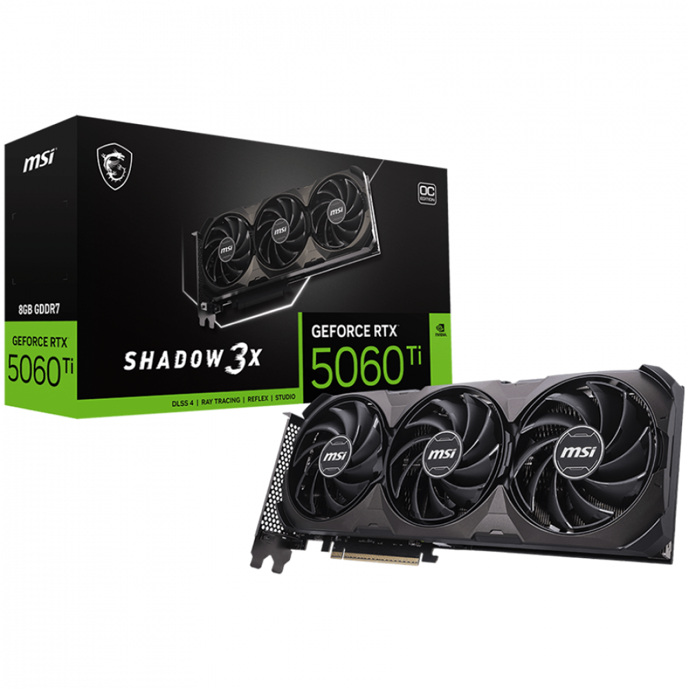 MSI Video Card NVIDIA GeForce RTX 5060 Ti 8G SHADOW 3X OC CLASSIC, 8GB GDDR7, 128-bit, 2602 MHz Boost, 4608 CUDA Cores, PCIe 5.0 (x8), 3x DP 2.1b, HDMI 2.1b, RAY TRACING, Triple Fan, 180W TDP, 8-pin PCIe Power, G-SYNC, 2-Slot, 3Y