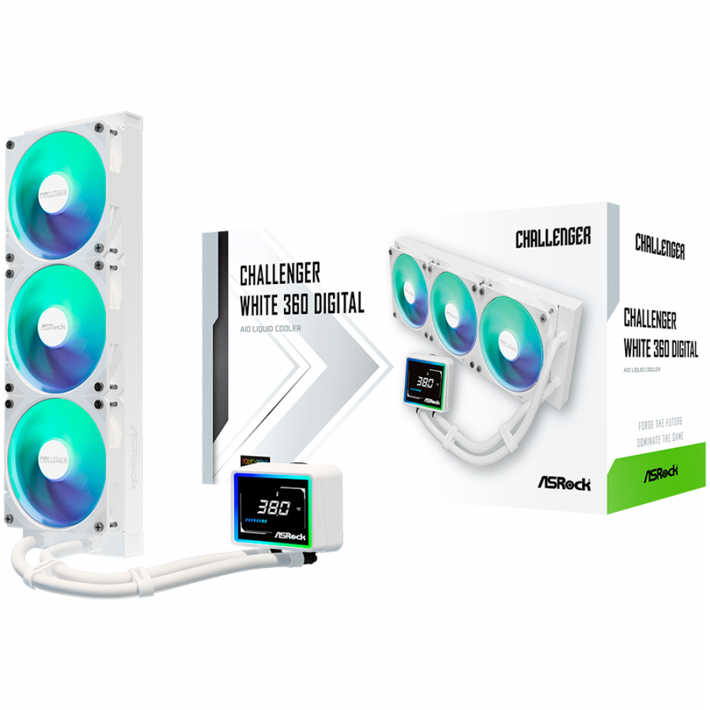 Asrock Challenger White 360 Digital, AiO liquid cooler, ARGB, Digital display, 360 mm radiator, AM5, AM4, LGA1851, LGA1700, 90-ACLA36-WAAGA6, White, 6Y