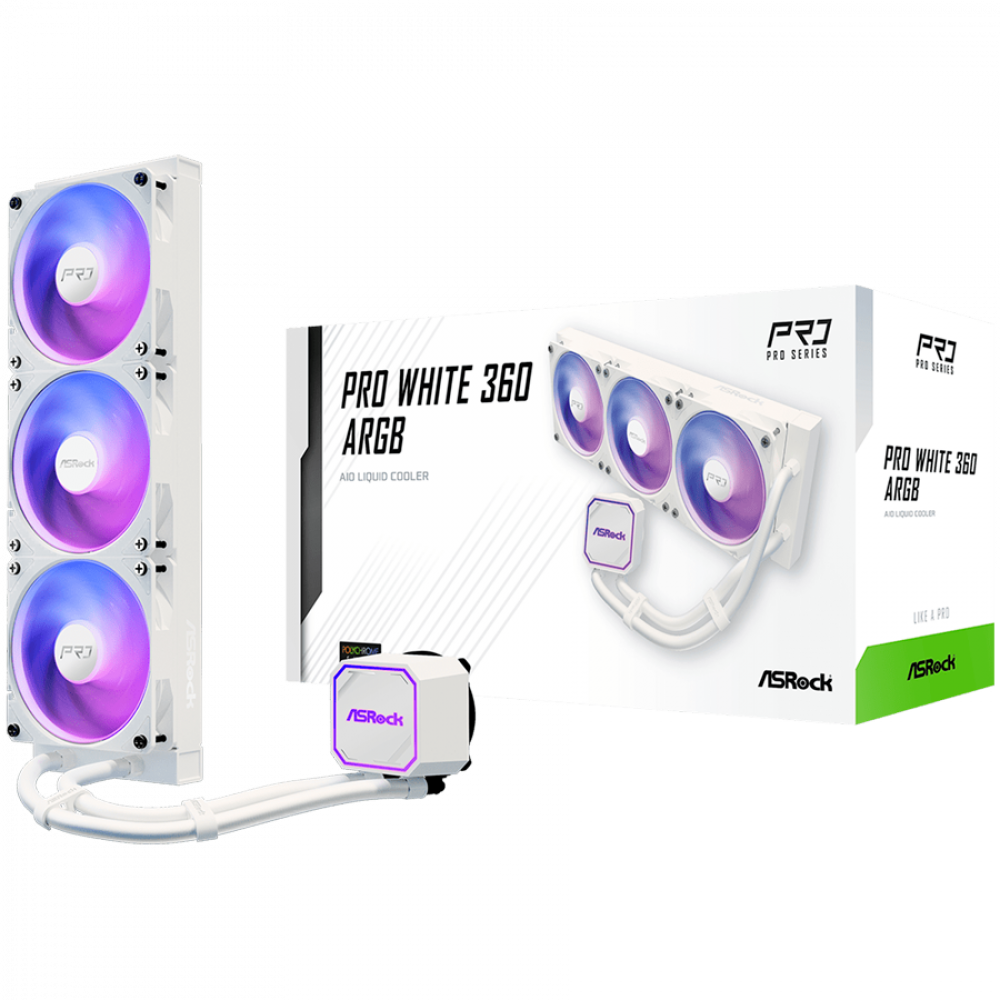 Asrock Pro White 360 ARGB, AiO liquid cooler, 360 mm radiator, AM5, AM4, LGA1851, LGA1700, 90-APRA36-WAAGA6, White, 6Y
