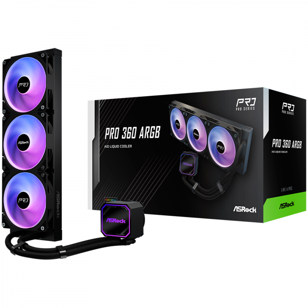 Asrock Pro 360 ARGB, AiO liquid cooler, 360 mm radiator, AM5, AM4, LGA1851, LGA1700, 90-APRA36-BAAGA6, Black, 6Y