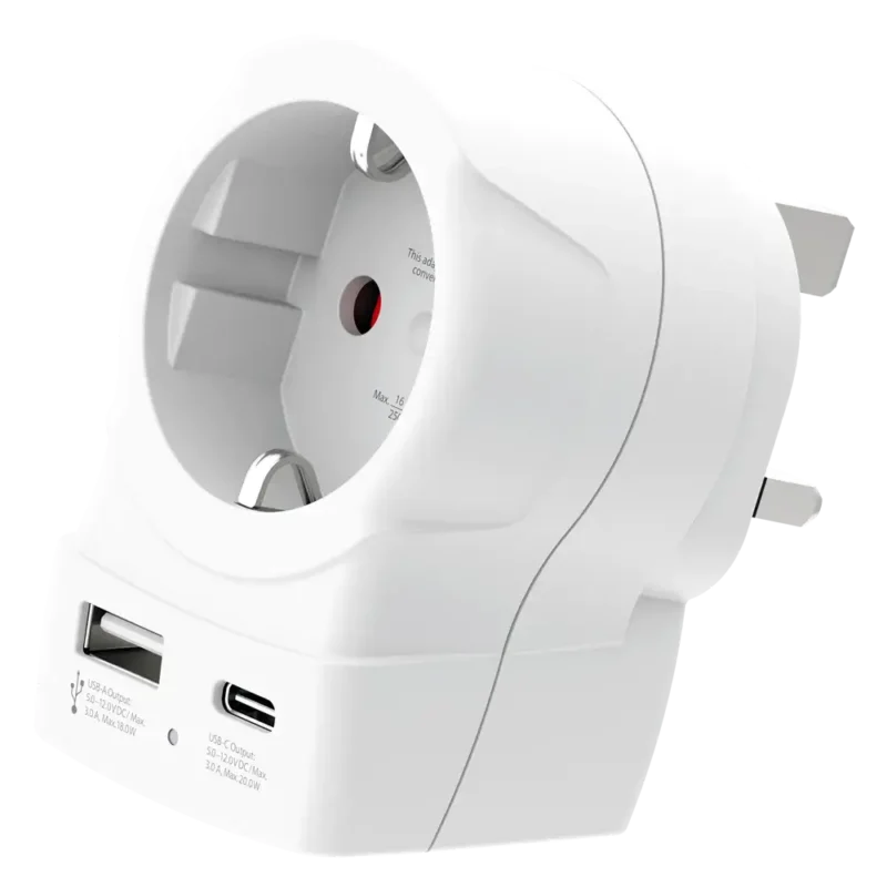 Skross универсален адаптер Europe to UK + 1 x USB A/C порт, 20W 1500283E