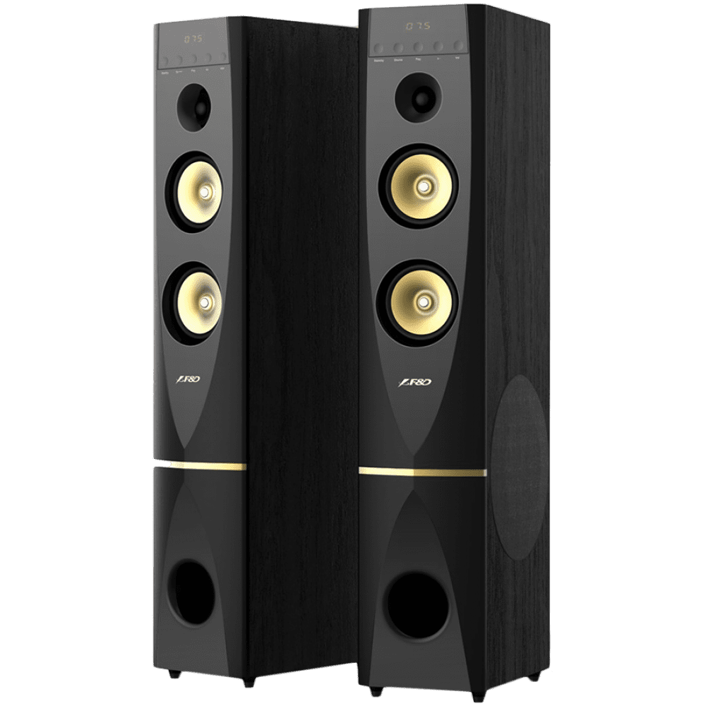 F&D T-88X 2.0 Floorstanding Speakers, 300W RMS (150x2), 1'' Tweeter + 5.25'' Speaker + 10'' Subwoofer for each channel, BT 4.2/HDMI/Optical/Coaxial/AUX/USB/FM/Karaoke function/LED Display/Remote Control/Microphone included/Wooden/Black