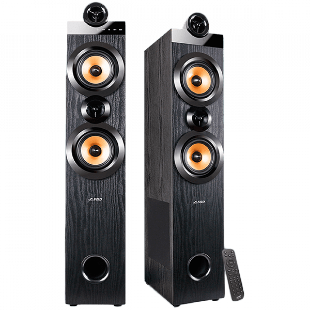 F&D T-70X 2.0 Floorstanding Speakers, 160W RMS (80Wx2), 1'' Tweeter + 5.25'' Speaker + 8'' Subwoofer for each channel, BT 5.0/HDMI(ARC)/Optical/Coaxial/AUX/USB/FM/Karaoke function/ LED Display/Remote control/Microphone included/Wooden/Black