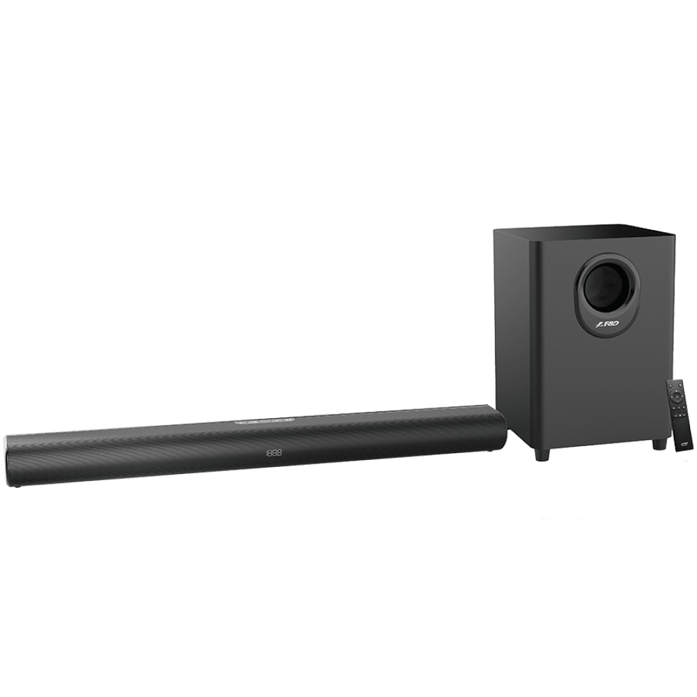 F&D HT-330 2.1 TV Soundbar with Wired Subwoofer, 80W RMS (20Wx2+40W), Full-range speaker: 50x90mm + 6.5'' Subwoofer, BT 5.0/Optical/AUX/HDMI/USB/LED Display/Remote Control/Wooden/Black