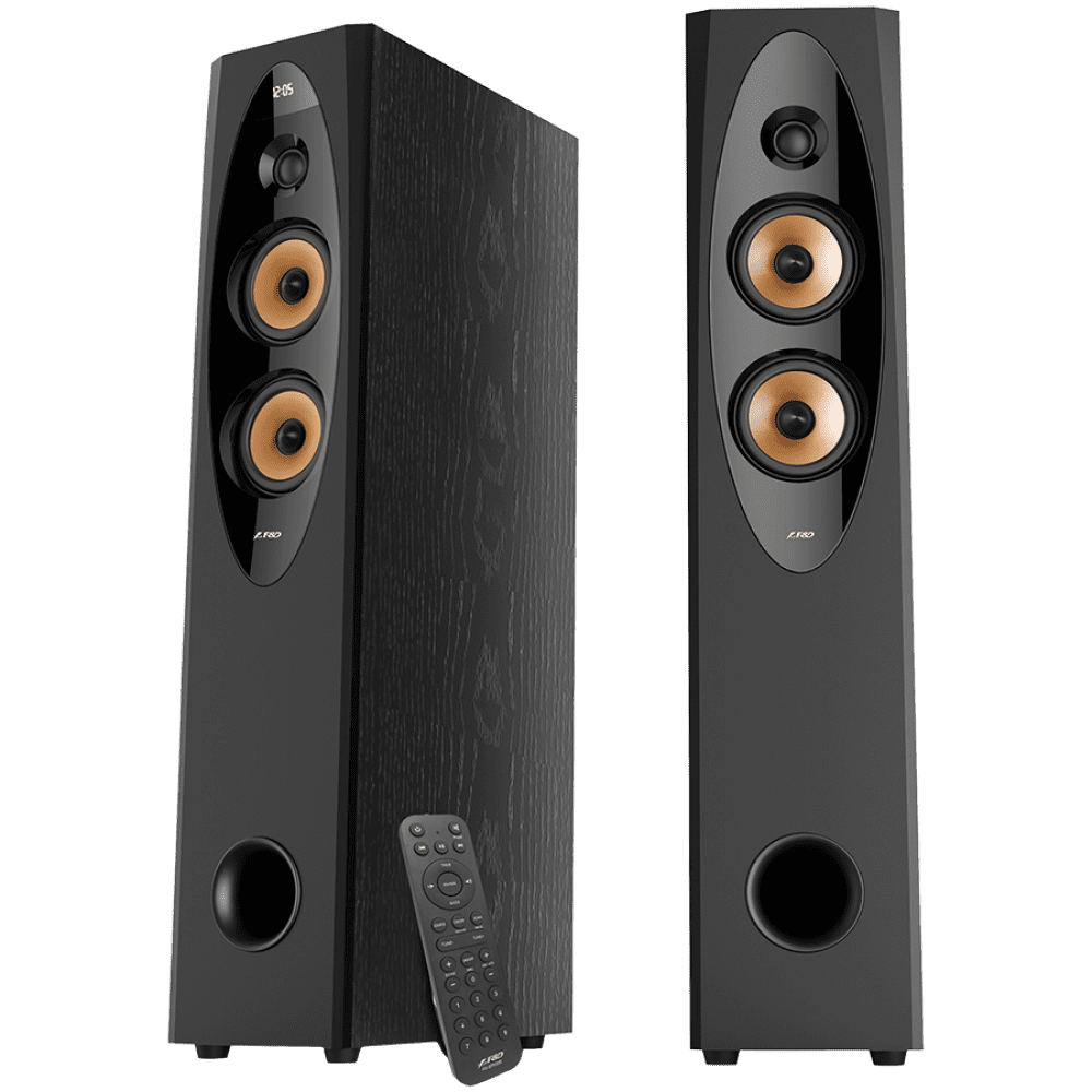 F&D T-60X 2.0 Floorstanding Speakers, 110W RMS ( 55Wx2), 1'' Tweeter + 4'' Speaker + 8'' Subwoofer for each channel, BT/NFC/Optical/AUX/USB/FM/Karaoke function/LED Display/Remote control/Microphone/Wooden, Black