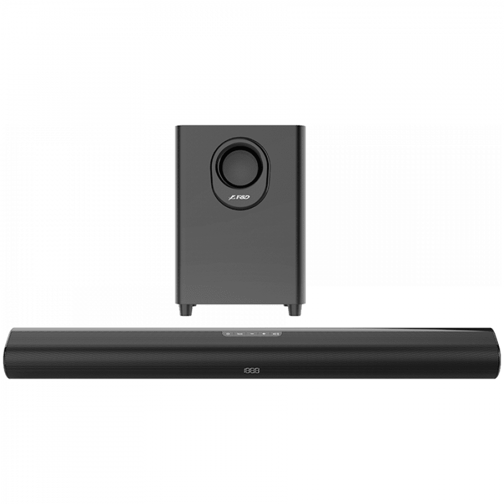 F&D HT-350 2.1 Wireless Soundbar with Subwoofer, 110W RMS (20Wx2+70W), Full-range speaker: 50x105mm + 6.5'' Subwoofer, BT 5.3/Optical/AUX/HDMI/USB/LED Display/Remote Control/Wooden/Black, EANs soundbar: 6924053407255, subwoofer: 6924053407286
