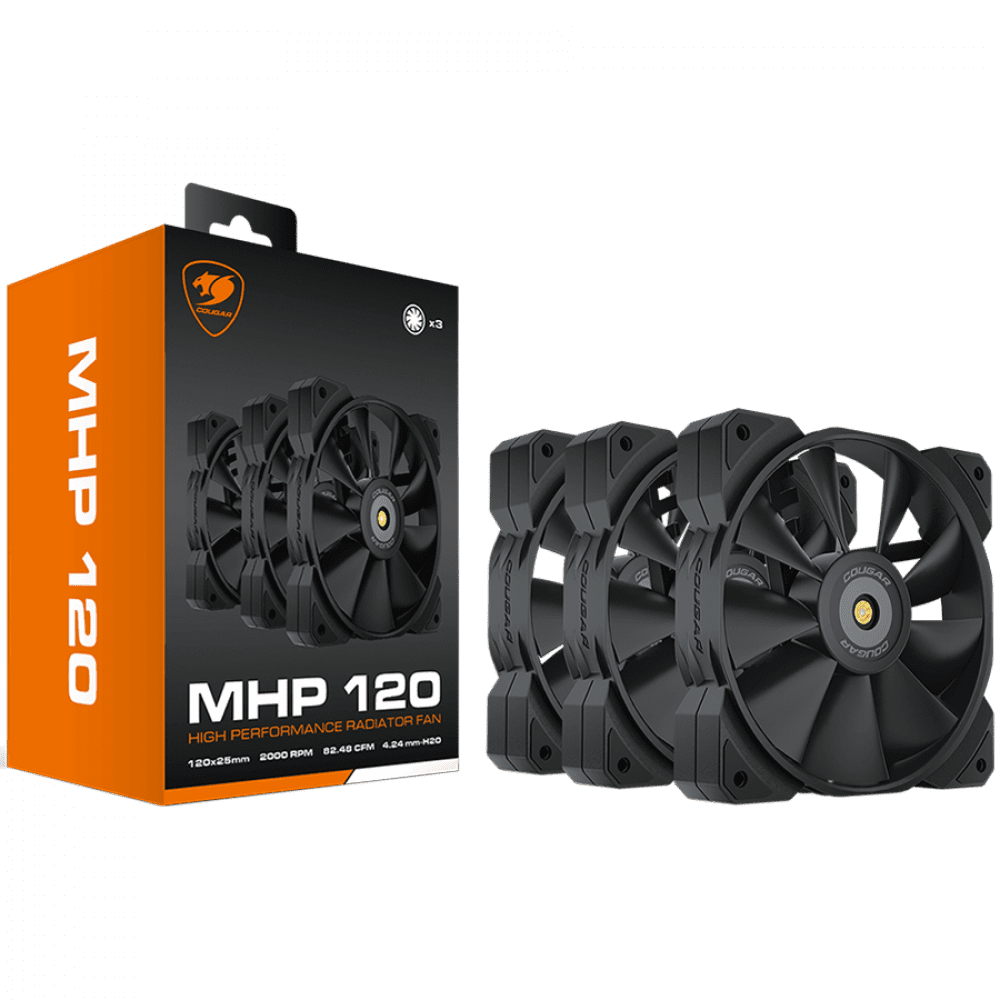 COUGAR MHP 120 Black (3 Fan Pack), 120mm 4-pin PWM fan, 600-2000RPM, HDB Bearing, Anti-vibration Dampers, Extension Cable + Low-Noise Adapter, Case + Radiator screws, 82.48 CFM, 4.24mm H20, 34.5 dBA (Max)