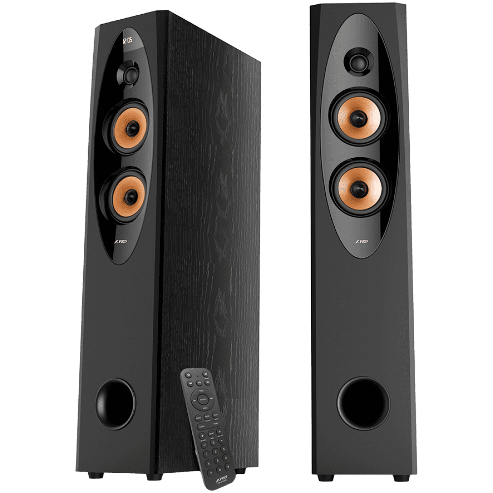 F&D T-60X PRO 2.0 Floorstanding Speakers, 120W RMS ( 60Wx2), 1'' Tweeter + 4'' Speakers x2 + 8'' Subwoofer for each channel, BT 5.3/Optical/COAXIAL/AUX/USB/Karaoke function/LED Display/Remote control/Microphone/Wooden, Touch buttons, Black