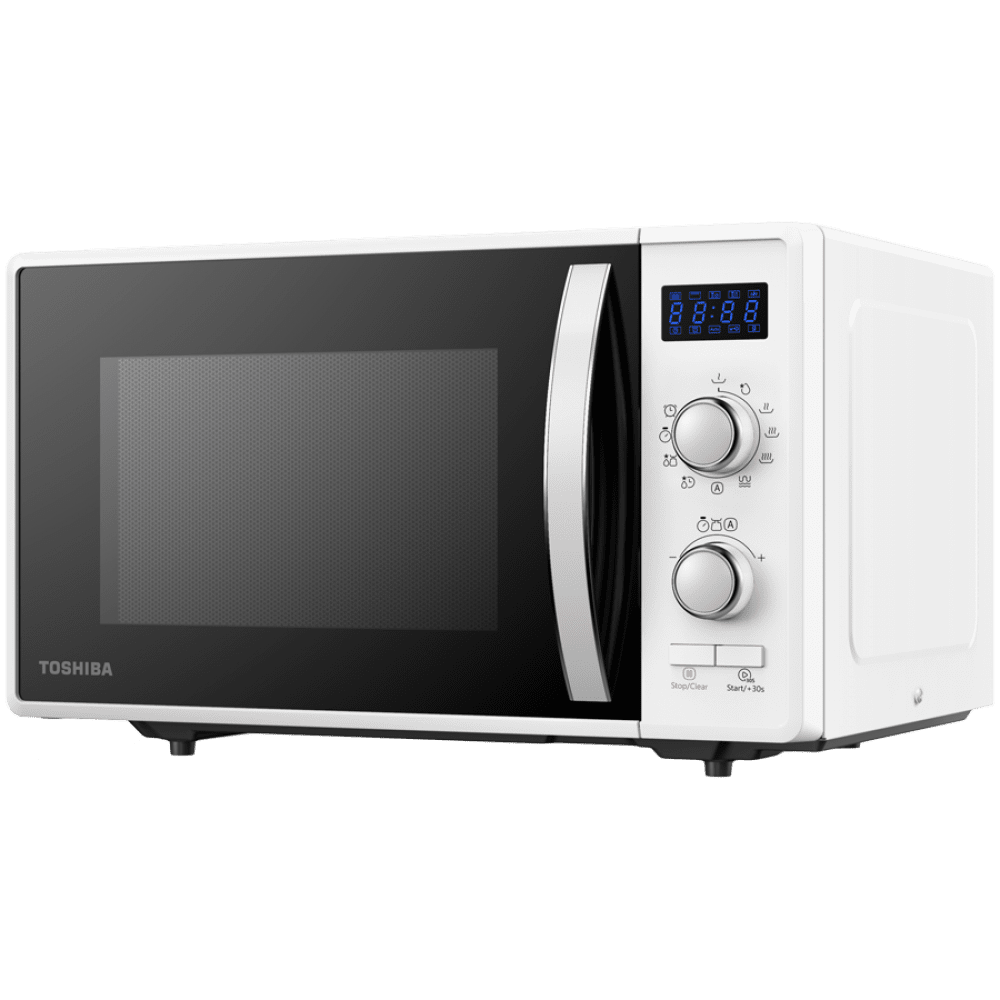 Toshiba MW2-AG23P(WH) 3-in-1 Microwave Oven with Grill and Combination Hob, 23 Litres, Rotating Plate with Storage, Timer, Built-in LED Lights, 900 W, Grill 1050 W, Pizza Programme, White Size: 485 x 403 x 296