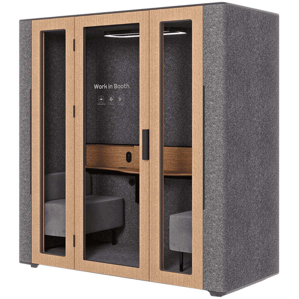 WorkBooth Two with Media hub integration spot, Blind back wall, Light grey felt, natural oak veneer, Jazz Graphite fabric for sofa
