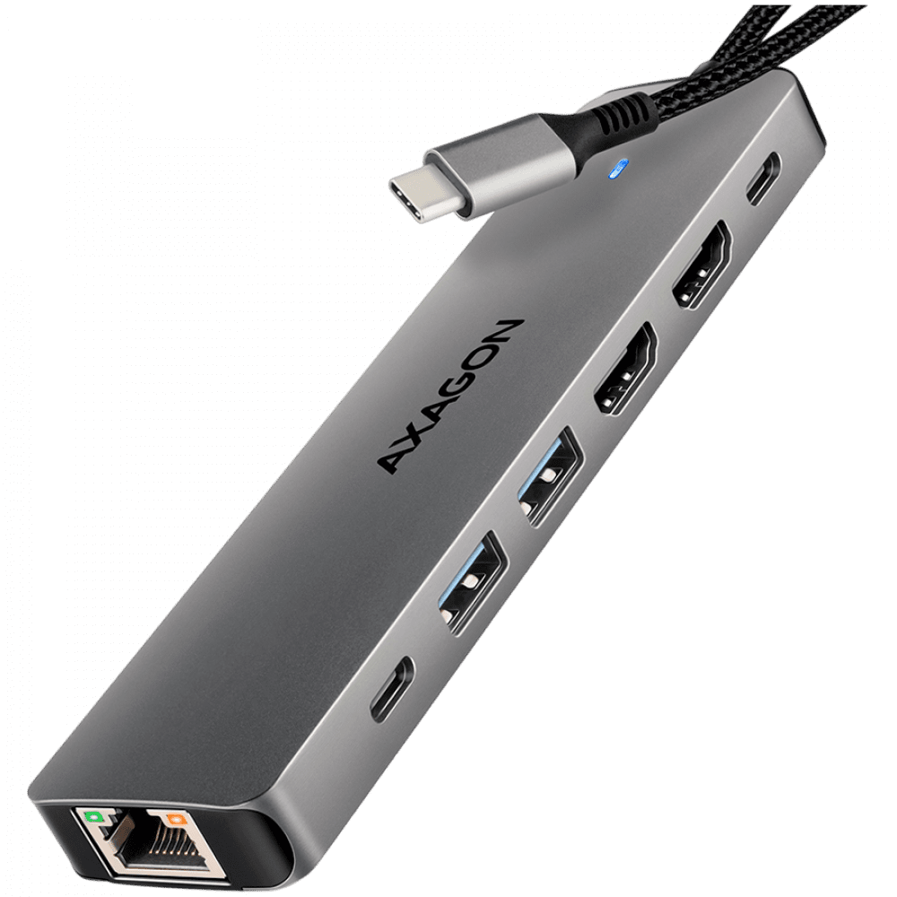 AXAGON HMC-7HX2 USB-C 3.2 Gen 1 hub, 2x USB-A + 1x USB-C, 2x HDMI 4K 60Hz, GLAN, PD 100W, 15cm USB-C cable