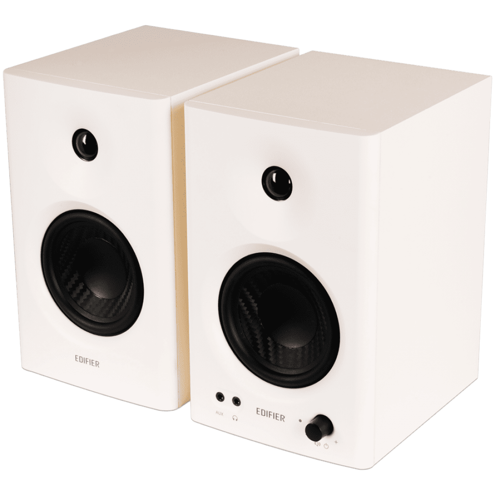Edifier MR4 Active Studio Monitors, RCA, AUX, TRS, 1-inch Tweeters, 4-inch Woofers, 42W (RMS), Control Knob, White